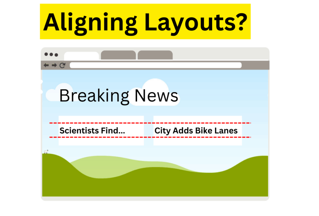 Aligning text horizontally by adding ellipsis on a Breaking News site. The article "Scientists Find..." aligns with another adjacent "City Adds Bike Lanes"